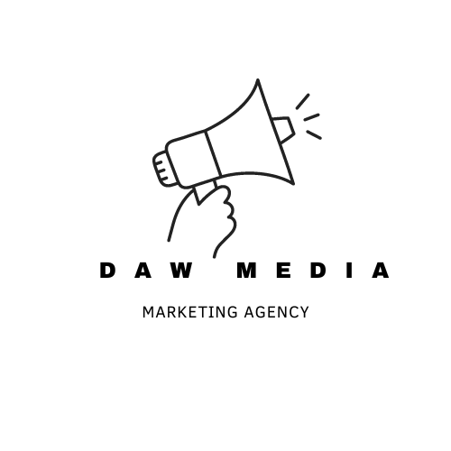 Image of a hand holding up a megaphone with dashes indicating that the megaphone is making sound. With the words "DAW MEDIA marketing agency" directly underneath the image.